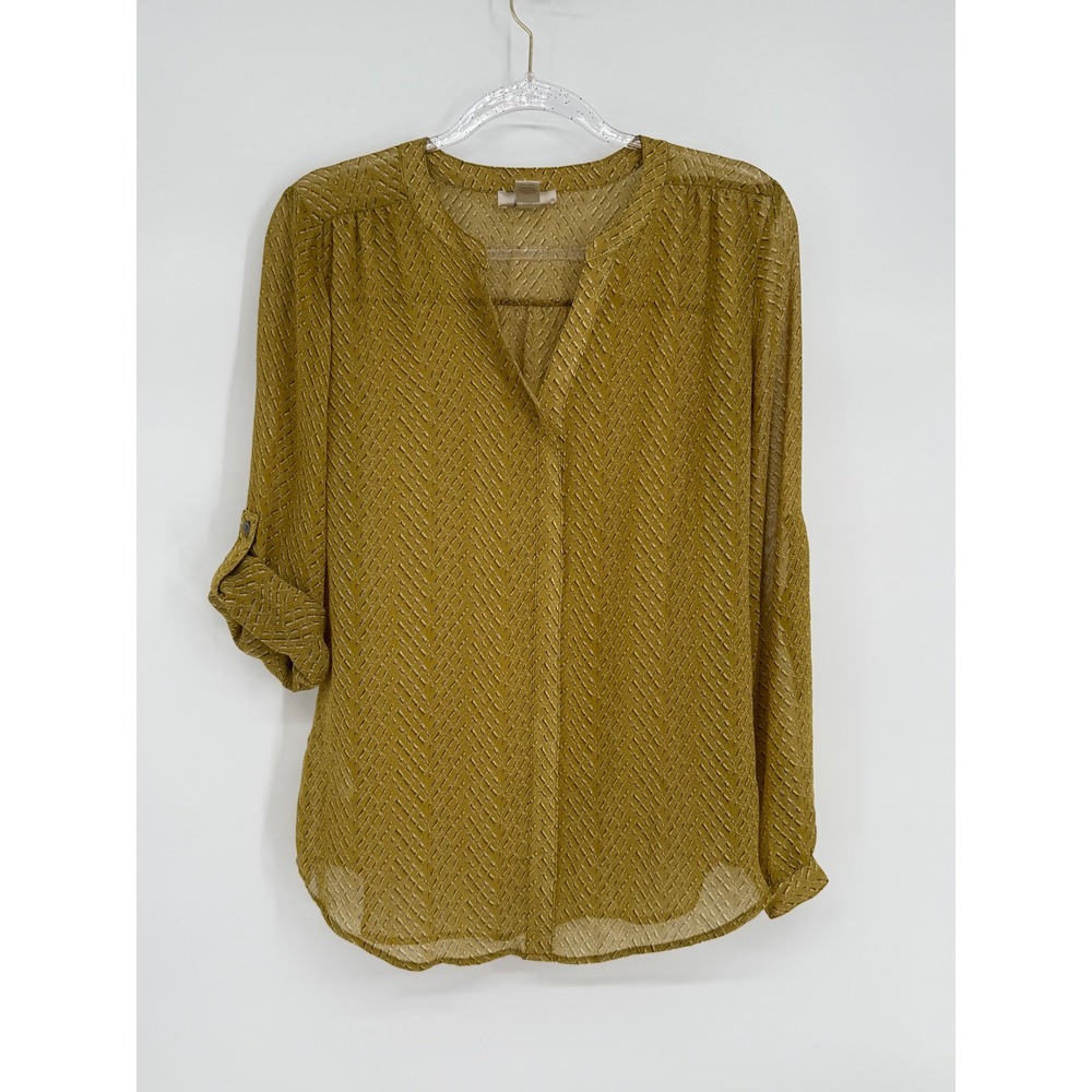 LOFT Womens Mustard Yellow Geometric Roll Tab Sleeve Split Neck Blouse Sz S